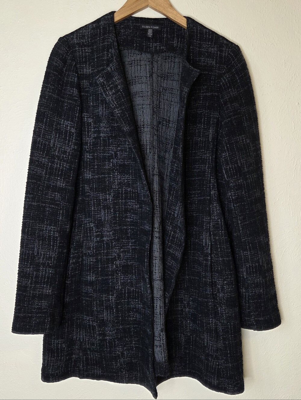 Eileen Fisher Open Front Textured Knit Long Cardigan Jacket Black Gray Large